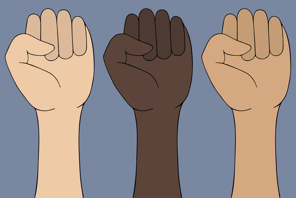 Fist raised to the top. Sign of protest. Stop racism. The struggle for rights and justice. Vector illustration. Hand on an isolated background. Cartoon style. Idea for web design, poster, banner. - Vektor, obrázek