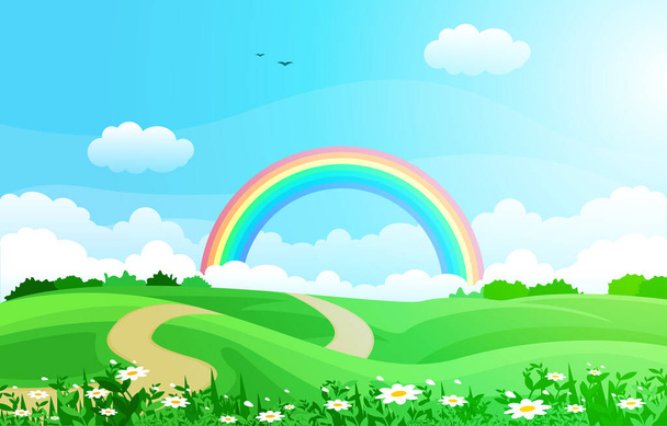 Céu arco-íris bonito com verde prado montanha natureza paisagem ilustração
 - Vetor, Imagem