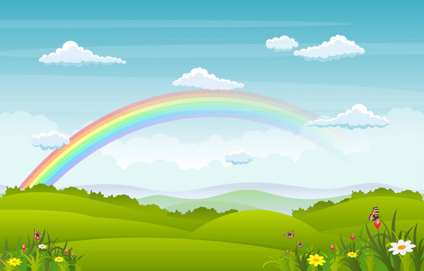 Hermoso cielo del arco iris con verde pradera montaña naturaleza paisaje ilustración
 - Vector, imagen
