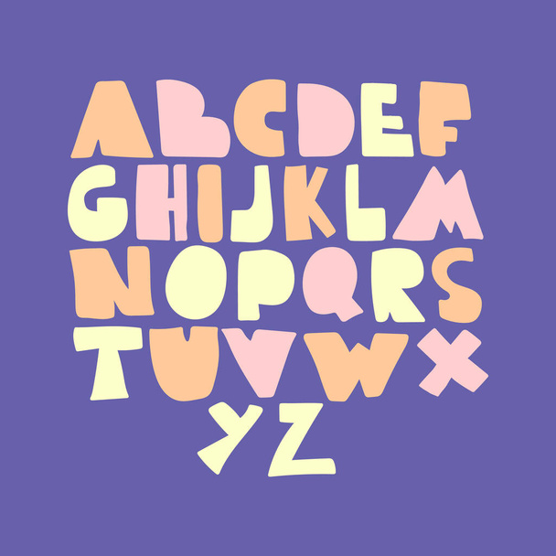 Alphabet hand drawn letters font in folk nordic style. Bold capital letters in kids pastel colors. ABC nurcery childish font on blue background. Yellow, pink, orange - Vector, Image