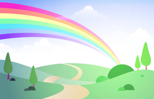 緑の草原の美しい虹の空｜自然景観イラスト - ベクター画像