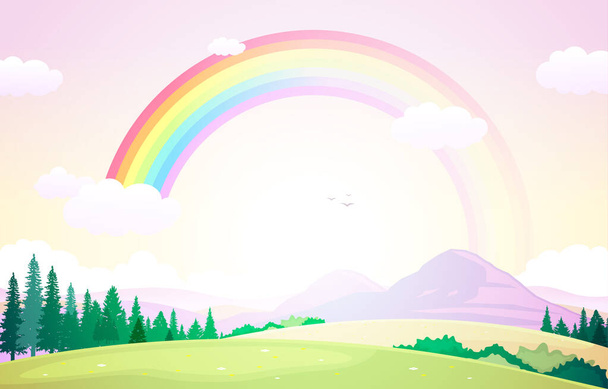 Hermoso cielo del arco iris con verde pradera montaña naturaleza paisaje ilustración
 - Vector, Imagen