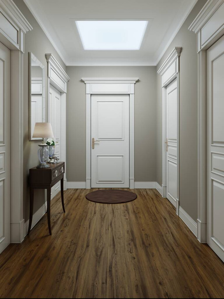 Klasyczne nowoczesne wnętrze korytarza z beżowymi ścianami i białymi drzwiami. Stolik z kluczem i duże lustro z podkładkami na ścianie. Renderowanie 3D. - Zdjęcie, obraz