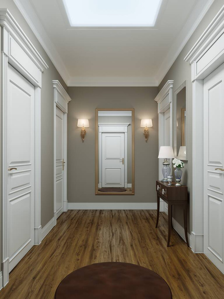 Couloir intérieur moderne classique avec des murs beiges et des portes blanches. Table clé et un grand miroir avec des appliques sur le mur. rendu 3D
. - Photo, image