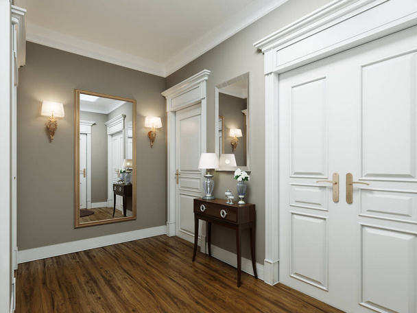 Klasszikus modern folyosó belső tér bézs falakkal és fehér ajtókkal. Kulcsasztal és egy nagy tükör gyertyákkal a falon. 3D renderelés. - Fotó, kép