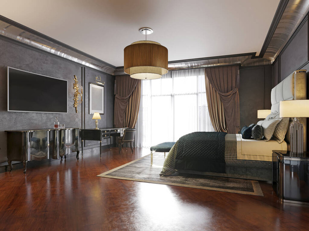 Luxueuse chambre classique avec murs noirs et un lit blanc. Meuble TV, lampadaire, fauteuil, mobilier laqué noir. rendu 3D
. - Photo, image