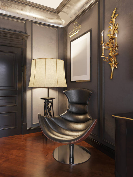 豪華な革、近くの床ランプ付きの黒いデザイナーの椅子。3Dレンダリング. - 写真・画像