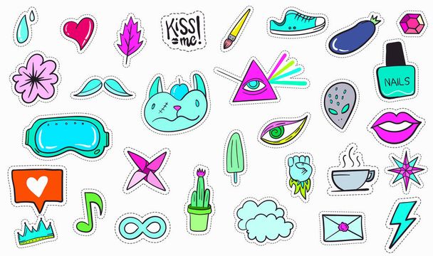Big Set of Vaporwave Styled Colorful Modern Patches or Stickers. Fashion cyan magenta patches. Cartoon 80's - 90's retrowave style. Vector illustration. - Vector, Image