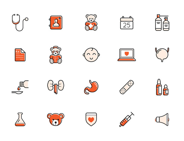 Outline colorful icons set. Pediatric hospital clinic and medical care. Editable stroke. Vector. - Vector, Image