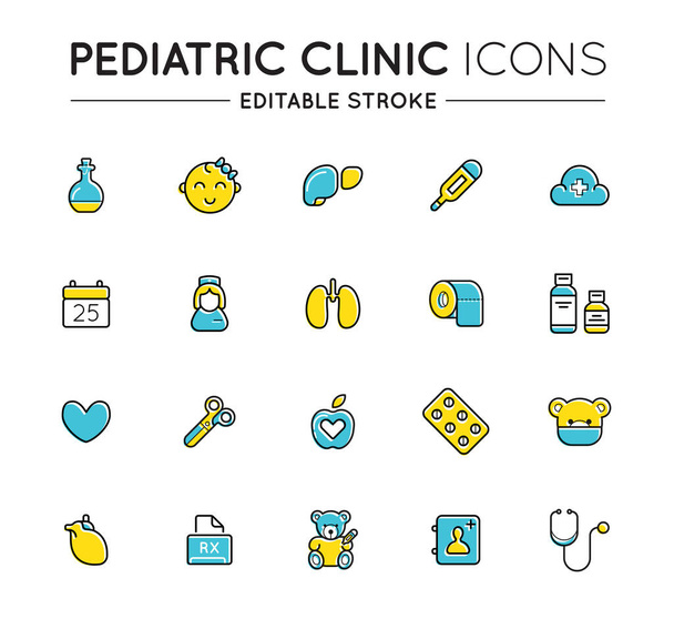 Obrys barevné ikony nastaveny. Pediatrická klinika a lékařská péče. Upravitelná mrtvice. Vektor. - Vektor, obrázek