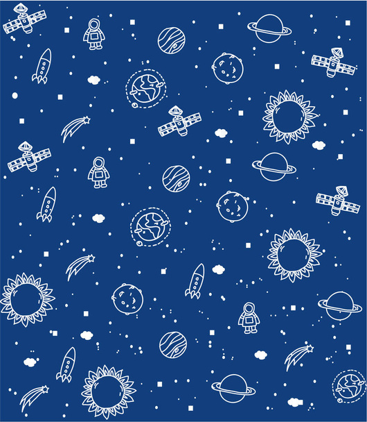 background with a pattern on a blue background cosmos rocket planets and satellite - Vector, Image