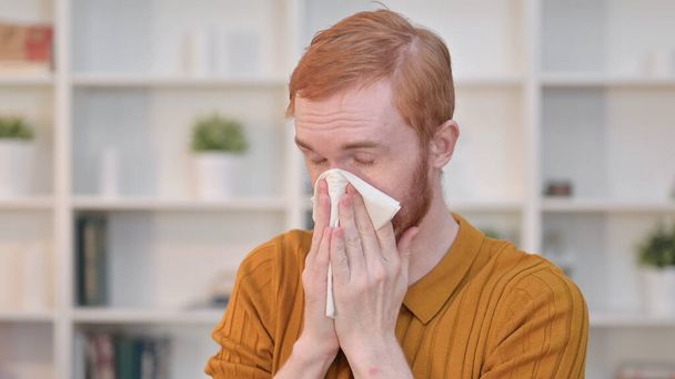 Portrait of Sick Redhead Man Sneezing  - Photo, Image