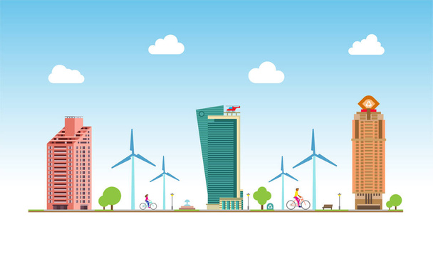 Urbane Ökologie. Menschen mit Fahrrädern in der ökologisch reinen Stadtlandschaft. Radweg. Vektor. - Vektor, Bild