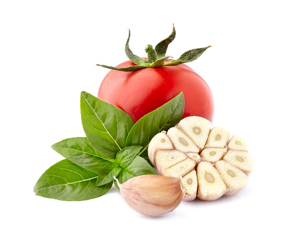 Fresh tomato,  garlic  and basil fresh   isolated on white background. Tomato with spices. - Photo, Image