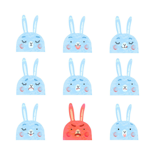 Conjunto moderno vectorial con lindas ilustraciones de conejos con diferentes emociones. Utilizarlo como elemento para la tarjeta de felicitación de diseño, cartel, chat emotes mensajero de dibujos animados, Publicación en las redes sociales, diseño de juegos para niños
 - Vector, imagen
