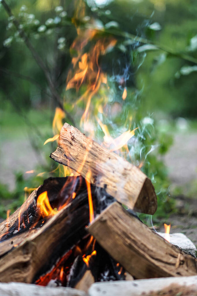 キャンプ旅行で一日中美しい小さなたき火。デザインの背景 - 写真・画像