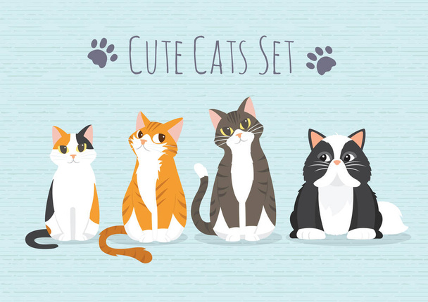 Набор милых мультяшных котов на синем фоне-иллюстрации
 - Вектор,изображение