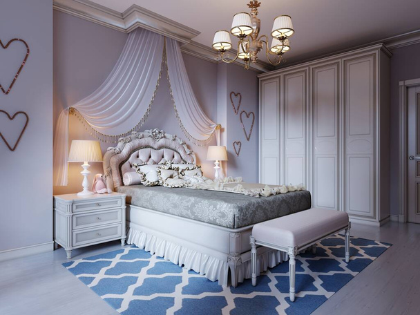 Ontwerp een kamer voor een tiener in een klassieke stijl. Een bed met een groot uitgesneden hoofdeinde en daarboven een luifel, een kamer in roze en beige kleuren. 3D-weergave. - Foto, afbeelding