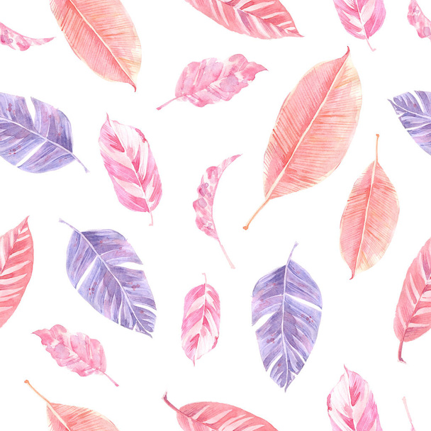Aquarell nahtloses Muster mit Palmblättern, Monsterblättern und exotischen Blättern. Rosa und lila Farben - Foto, Bild