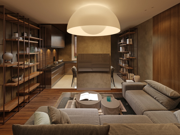 Estudio apartamento con una sala de estar y zona de cocina, en color marrón y beige, un sofá de esquina moderno y una gran lámpara de araña redonda de diseño en forma de esfera, iluminación nocturna. Renderizado 3D
. - Foto, imagen