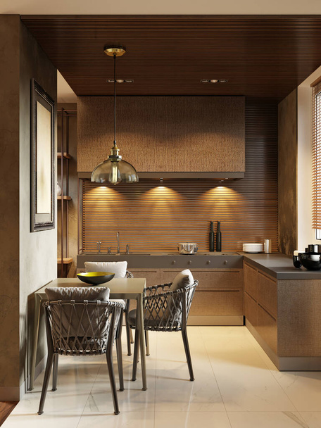 Cocina contemporánea con muebles de madera marrón de diseño, retroiluminación y mesa de comedor. Renderizado 3D
. - Foto, Imagen