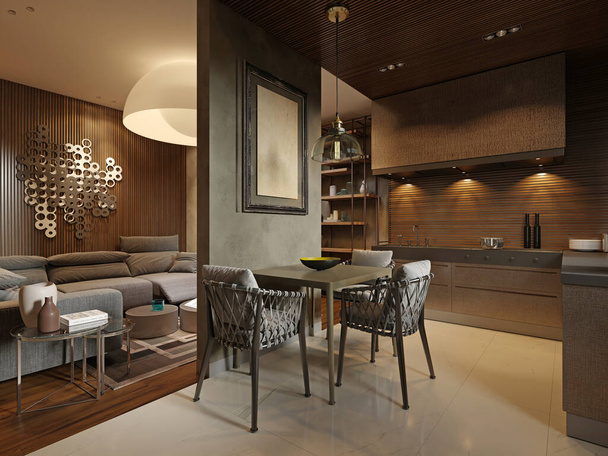 Studio appartement met een woonkamer en keuken, in bruine en beige kleur, een moderne hoekbank en een grote ronde design kroonluchter in de vorm van een bol, 's avonds verlichting. 3D-weergave. - Foto, afbeelding