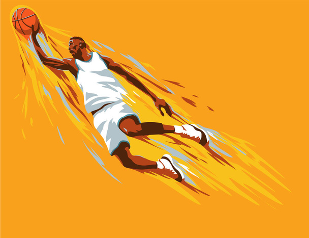 Ein Basketballspieler, der den Ball in einem Sprung auf Farbspritzer wirft Hintergrund - Vektor, Bild