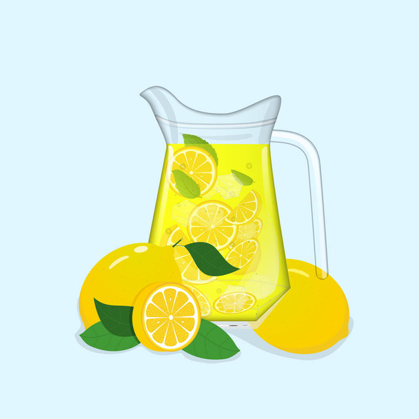 Αναζωογονητική απεικόνιση λεμονάδας. Ποτήρι με καλαμάκι και κανάτα με λεμόνια και παγάκια. Ρετρό στυλ εικονογράφηση με vintage υφή. - Διάνυσμα, εικόνα