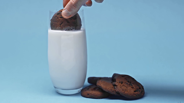 Cropped view of man dunking cookie in glass of milk on blue background - Footage, Video