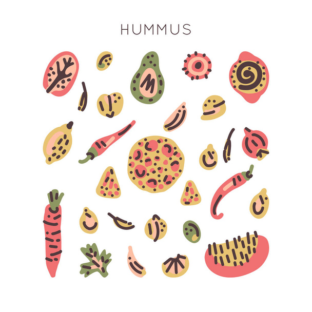 Wegetariańskie surowe organiczne Hummus ręcznie rysowane wektor projektu. Ilustracja wykonana w bazgrołach - Wektor, obraz