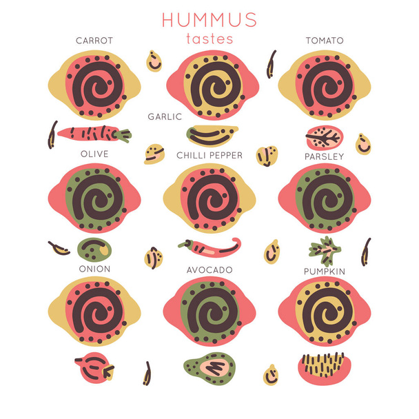 Vegetariano grezzo organico Hummus disegno vettoriale disegnato a mano. Illustrazione realizzata in stile doodle. Set di oggetti alimentari per confezione, merch e altro design. Set di ciotole Hummus con gusti diversi
. - Vettoriali, immagini