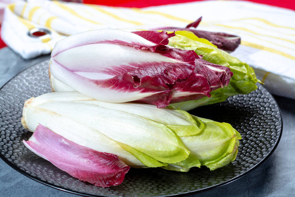 Grupa świeżych zielonych belgijskich endywii lub cykorii i czerwonych warzyw Radicchio, znany również jako witlof salade zbliżenie - Zdjęcie, obraz