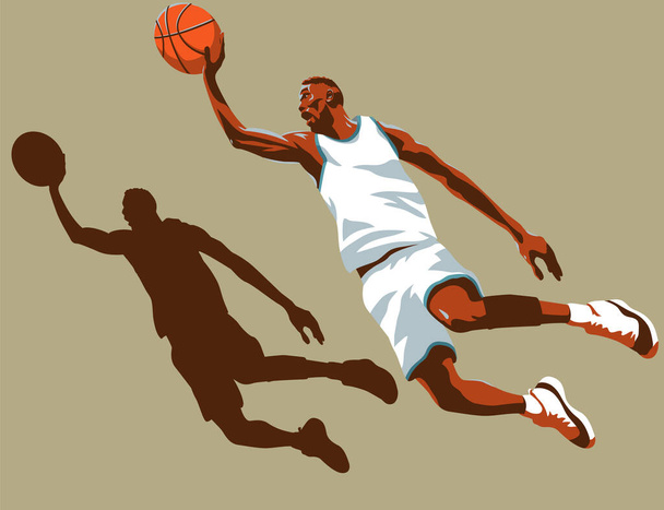 Un jugador de baloncesto que lanza la pelota en un salto aislado en el fondo y una silueta negra de un jugador de baloncesto que está tratando de lanzar una pelota
 - Vector, imagen