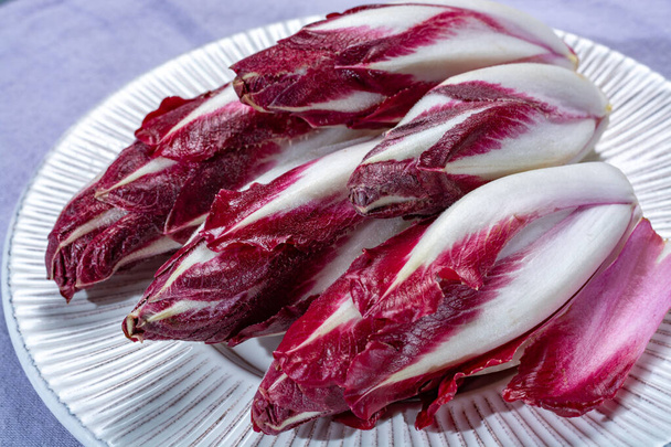 Skupina čerstvé červené čekanky čekanka hlávková nebo belgické endive zeleniny, také známý jako witlof salát, zblízka - Fotografie, Obrázek