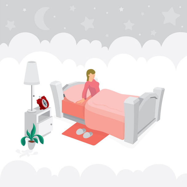 Good sleep and awake concept metaphor. White bedroom. Bed in clouds and night sky with moon and stars on background. Part of set.  - Vector, Image