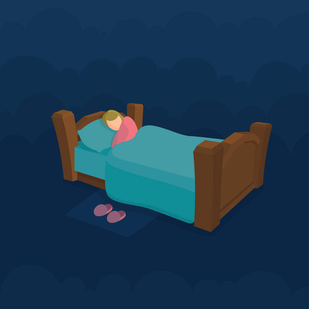 Κοιμωμένη γυναίκα στο κρεβάτι με σύννεφα στο φόντο. Γυναίκα αναπαύεται ειρηνικά στο κακό της. Μεταφορά έννοιας καλού ύπνου. Μέρος του συνόλου. - Διάνυσμα, εικόνα