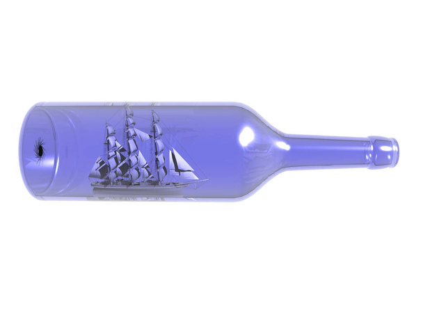 тонированная стеклянная бутылка с парусником внутри
 - Фото, изображение