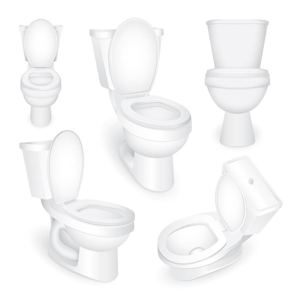 Toilet bowl. Realistic white home toilet vector illustrations set. Clean ceramic bathroom toilet in different angles views. Part of set. - Vector, imagen