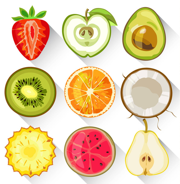 Set of fruits and vegetables. Apple, kiwi, orange, strawberry, avocado, pear, pineapple and guava - Vector, imagen