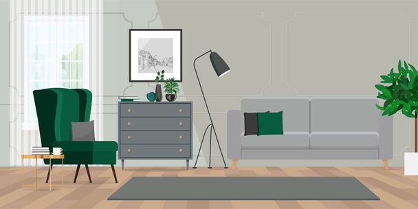 Living room interior with sofa, vector illustration - Vektör, Görsel