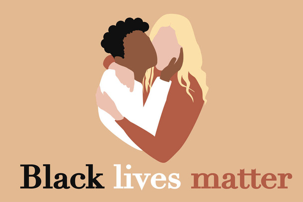 Czarne życie ma znaczenie tekst i dwie wielorasowe osoby przytulające. Wektor w nowoczesnych pastelowych kolorach. Międzyrasowa jedność społeczności, wielokolorowi ludzie przytulający się. Skończ z rasizmem, stań w obronie równych praw - Wektor, obraz
