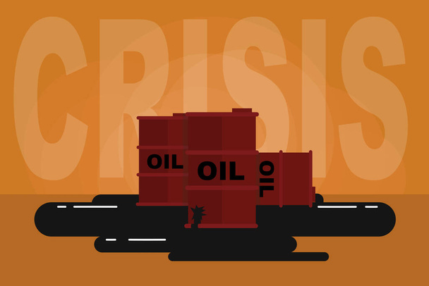 Öljykriisi. Öljyä valuu vaurioituneista tynnyreistä ja kriisitekstistä. Moderni käsin piirretty vektori litteään tyyliin. Öljyn hinta romahtaa, suurin pudotus. Maailmantalouden romahdus ja taantuma. Taloudellinen epävarmuus - Vektori, kuva