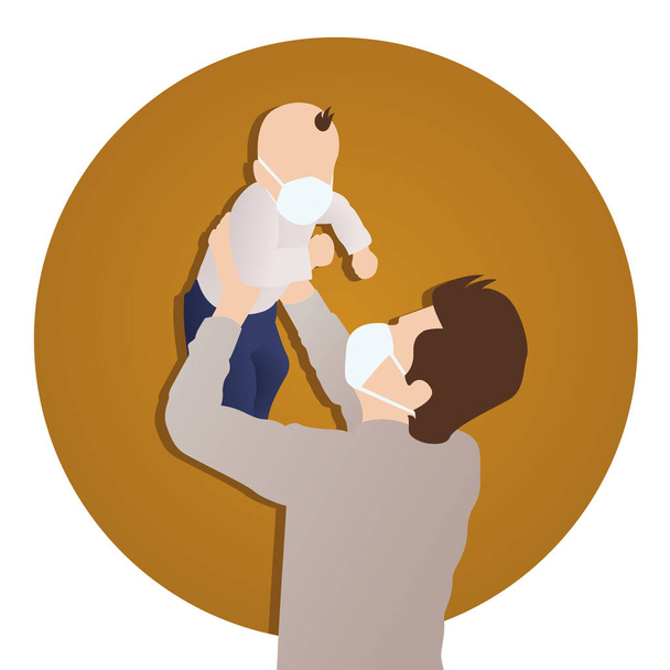 Vater spielt während der Coronavirus-Quarantäne mit Baby-Sohn in Mundschutz. Vater und Kind in medizinischen Masken verbringen während der Virenpandemie Zeit miteinander. Moderner Vektor im flachen Stil - Vektor, Bild
