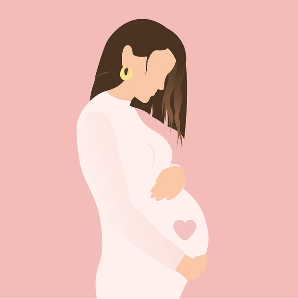 Pregnancy. Stylish pregnant woman hugging her belly with heart on pink background. Modern hand drawn vector in flat style. Happy Mothers day concept. Motherhood - Vector, Image