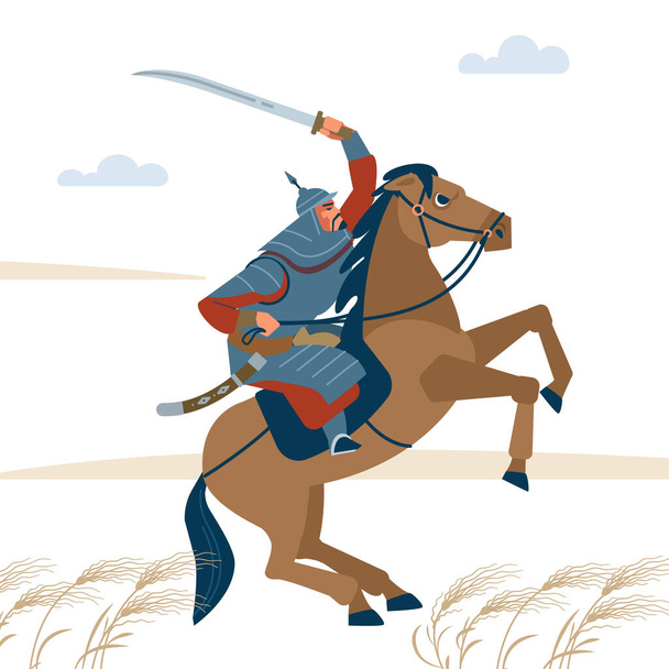 Portret niebezpiecznego, koczowniczego mongolczyka jadącego na brązowym koniu w stepie z atakującym mieczem. Jeździec z Azji Środkowej gotowy do ataku w bitwie. Izolowana ilustracja wektora w płaskiej kreskówce - Wektor, obraz