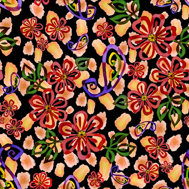 Abstracte naadloze patroon met aquarel contour bloemen en paisley elementen op dierlijke huid. Decoratieve achtergrond op basis van etnische aziatische patronen. - Foto, afbeelding