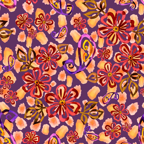 Abstract seamless pattern with watercolor contour flowers and paisley elements on animal skin. Ornamental background based on ethnic asian patterns. - Valokuva, kuva