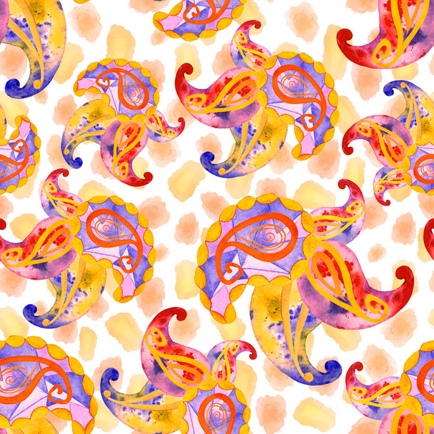 Abstractl seamless pattern with watercolor paisley elements on animal skin. Ornamental background based on ethnic asian patterns. - Photo, image