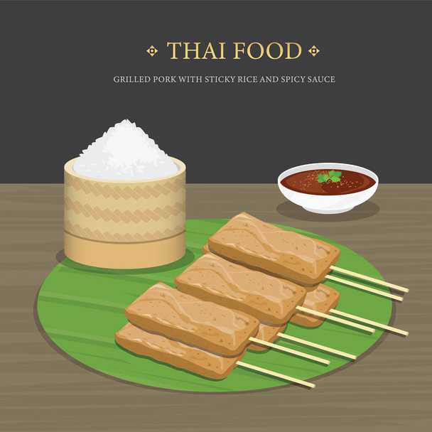 Set of Traditional Thai food, Grilled Pork with sticky rice and spicy sauce over banana leaf. Cartoon Vector illustration. - Vektor, kép