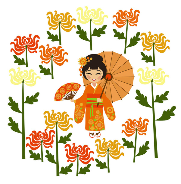 Krysanteemien loma (kiku-no sekku) ja kimonoasuinen tyttö - Valokuva, kuva